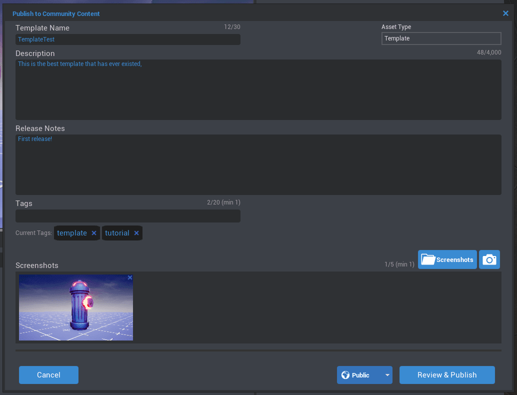 Fill this up with info about your template. Publish Dialog Box